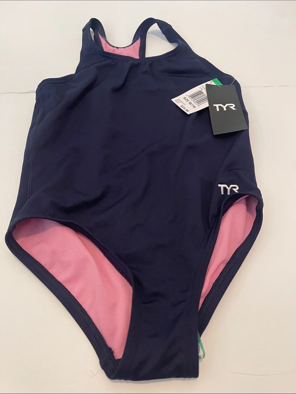 New! Kids TYR Navy One-Piece Swimsuit with Pink Lining